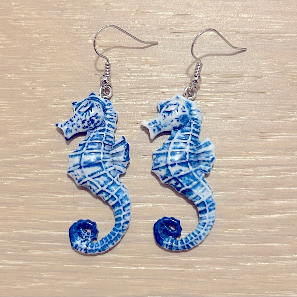 Blue Marble Seahorse Drop Earrings